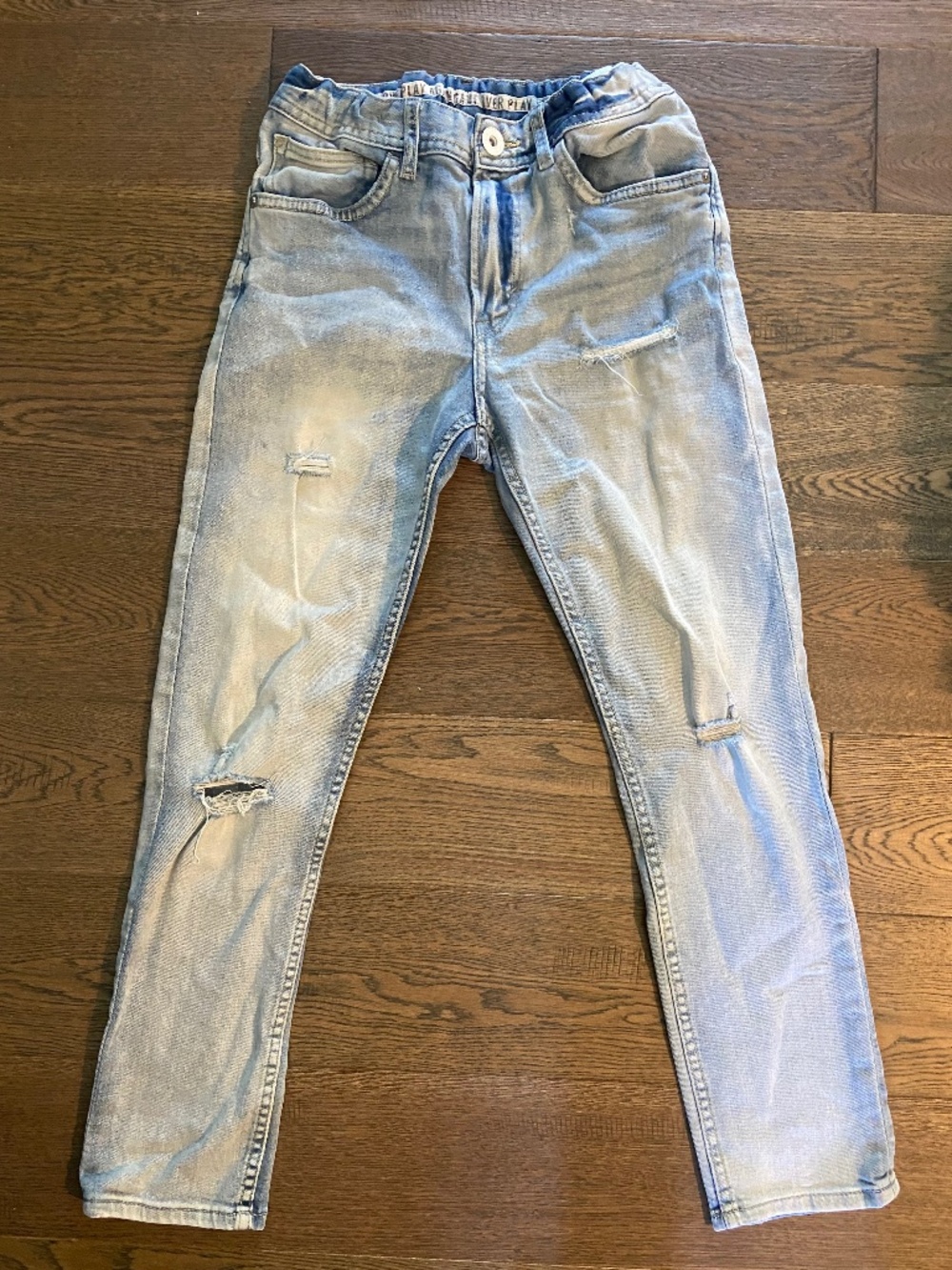 EUC: H&M & Denim Kids Light Wash Distressed Stretch  Adjustable Jeans 9-10 yrs